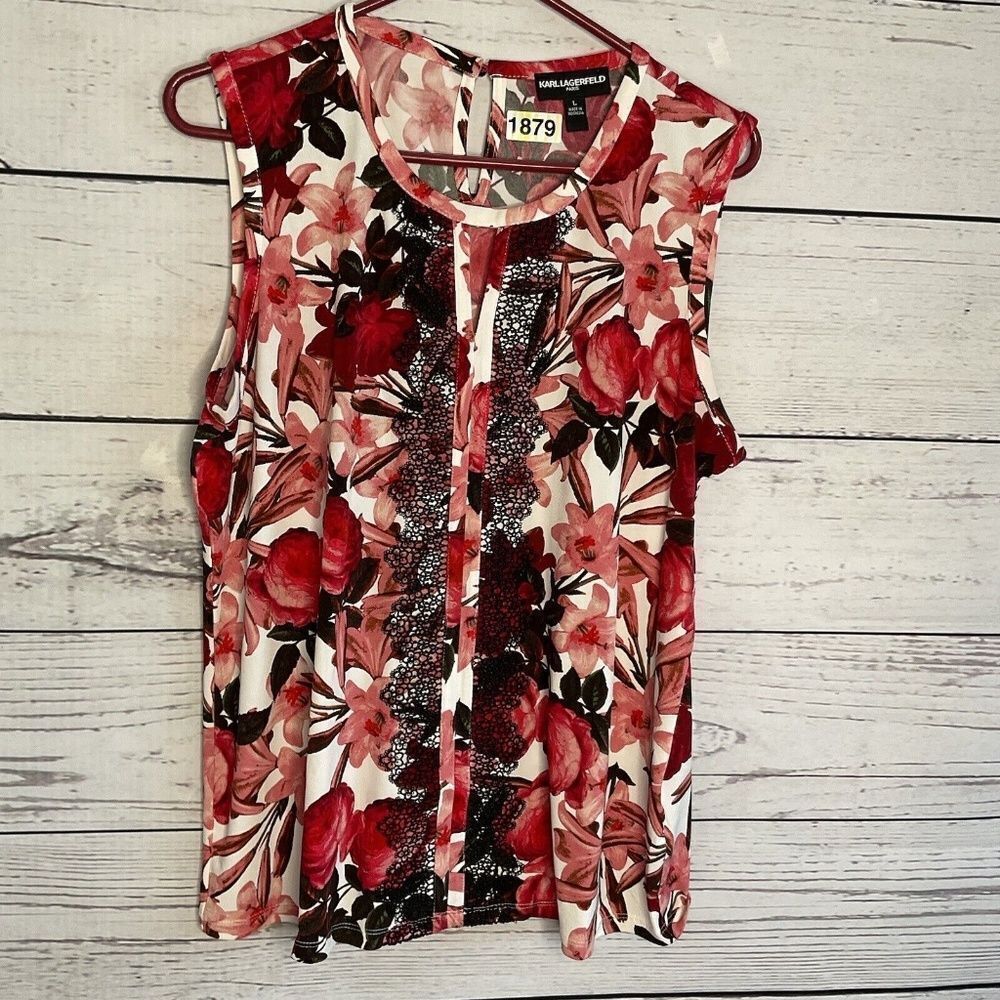 KarlΒ Lagerfeld Paris WomensβRed Floral Sleeveless Tank Top Sizeβ L